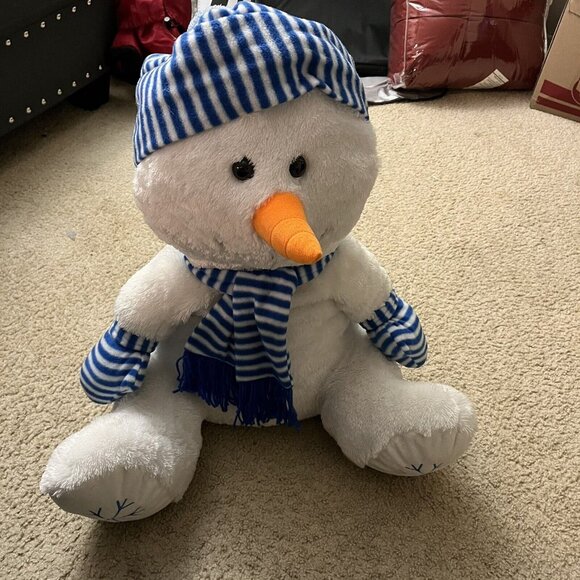 CHRISHA PLAYFUL PLUSH SNOWMAN White Blue STRIPED SCARF Mittens Hat 28" Stuffed - Picture 4 of 6